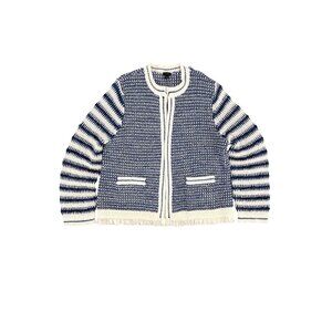 Talbots Womens XL Blue White Striped Fair Isle Eyelash Trim Cardigan Sweater
